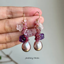 Charger l'image dans la galerie, Edison pearl, rose quartz, amethyst and pink tourmaline earrings