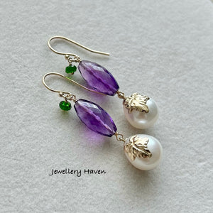 Royal purple amethyst and pearl drop earrings