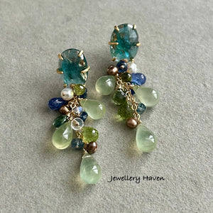 Prehnite, peridot clusters and teal moss kyanite studs earrings