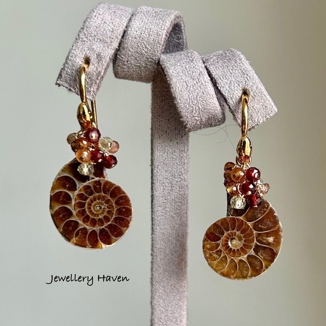 Ammonite and gems cluster earrings