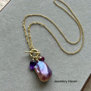 Deep purplish iridescent baroque pearl toggle necklace