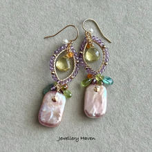 Load image into Gallery viewer, Lilac iridescent pearl, amethyst and peridot earrings