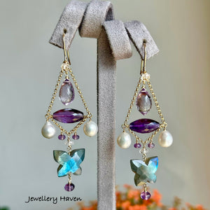 Labradorite butterfly and amethyst chandelier earrings