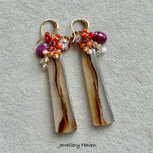 Cargar imagen en el visor de la galería, Montana agate, Ruby, Mexican fire opal earrings