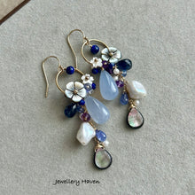 Carica l'immagine nel visualizzatore di Gallery, Chalcedony, lapis lazuli, tanzanite, mother of pearl earrings