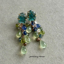 Load image into Gallery viewer, Prehnite, peridot clusters and teal moss kyanite studs earrings