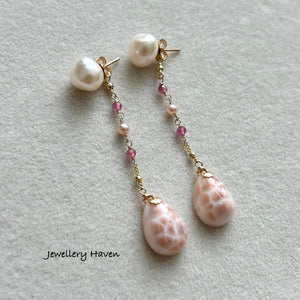 Pink Natrolite with keshi pearl studs earrings (detachable)