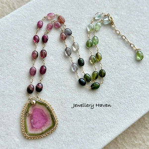 Watermelon tourmaline slice with tourmaline oval nugget necklace