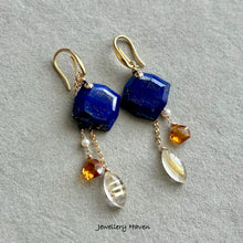 Carica l'immagine nel visualizzatore di Gallery, Lapis lazuli, citrine and golden rutilated quartz earrings