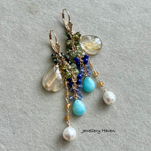 Carica l'immagine nel visualizzatore di Gallery, Golden rutilated quartz, Larimar, pearl earrings