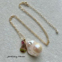 Load image into Gallery viewer, White baroque pearl, tourmaline slice necklace