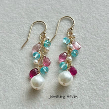 Charger l&#39;image dans la galerie, Pink tourmaline, apatite and pearl earrings