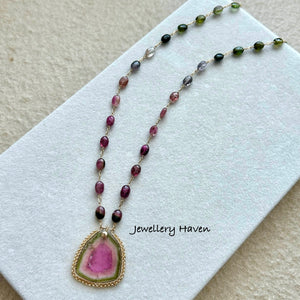 Watermelon tourmaline slice with tourmaline oval nugget necklace