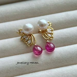 Pearl butterfly studs with pink sapphire