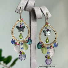 Charger l'image dans la galerie, Mother of pearl butterfly, amethyst, rose quartz, prehnite chandelier earrings