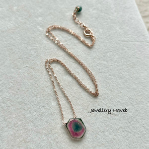 Watermelon tourmaline slice necklace #4 Rose Gold