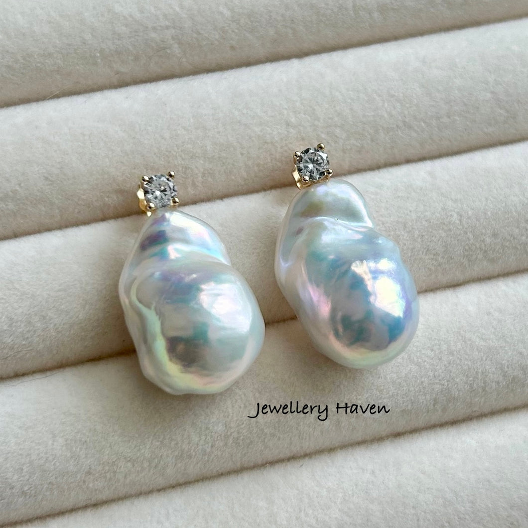 Rare bluish iridescent baroque pearl stud earrings