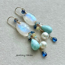 Load image into Gallery viewer, Blue flash rainbow moonstone earrings