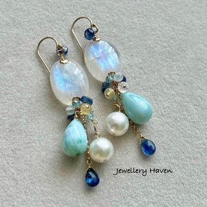 Blue flash rainbow moonstone earrings