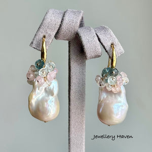 Baroque pearls, aquamarine and pink morganite cluster earrings