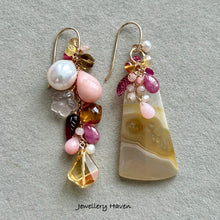 Load image into Gallery viewer, Orbicular yellow agate asymmetrical earrings