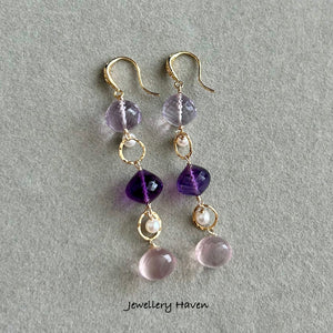 Pink amethyst, amethyst, rose quartz earrings