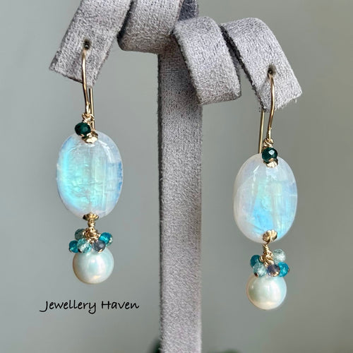 Aqua blue flash moonstone earrings