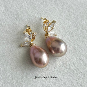 Metallic iridescent Edison pearl butterfly stud dangle earrings