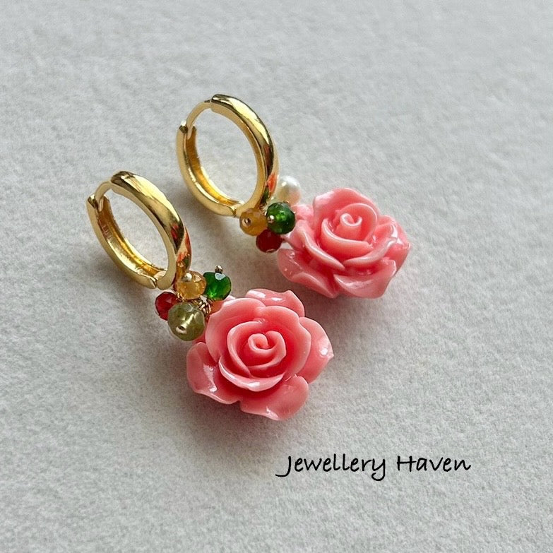 Pink conch flower hoops