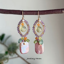 Load image into Gallery viewer, Lilac iridescent pearl, amethyst and peridot earrings