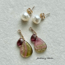 Load image into Gallery viewer, Rare tourmaline slice dangle with baby baroque pearl studs