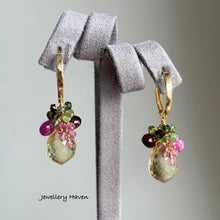 Laden Sie das Bild in den Galerie-Viewer, Lemon quartz, tourmaline, pink sapphire and garnet earrings