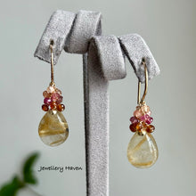 Laden Sie das Bild in den Galerie-Viewer, Golden rutilated quartz, tourmaline, Hessonite garnet earrings
