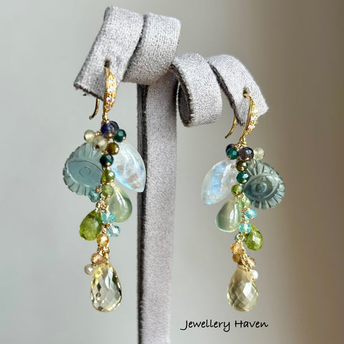 Teal green carved fluorite earrings