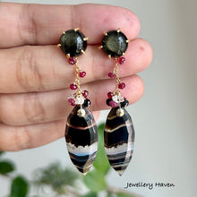 Load image into Gallery viewer, Banded agate, ruby and obsidian stud earrings (detachable dangle)