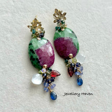 Load image into Gallery viewer, Ruby zoisite with gems cluster dangle earrings