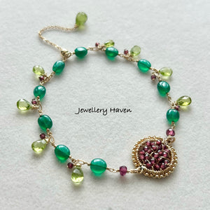 Garnet weave and green onyx bracelet