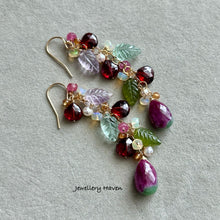 Laden Sie das Bild in den Galerie-Viewer, Ruby zoisite, garnet, fluorite, pink amethyst carved leaf earrings