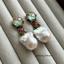 Load image into Gallery viewer, Tourmaline, baroque pearl and heart shape abalone shell stud earrings (detachable style)