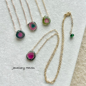 Watermelon tourmaline slice necklace #2 Gold