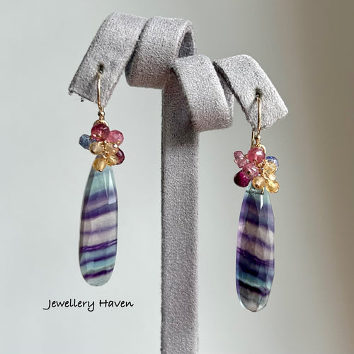 Purple teal green banded fluorite earrings