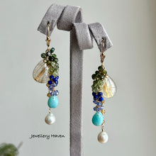 Carica l'immagine nel visualizzatore di Gallery, Golden rutilated quartz, Larimar, pearl earrings