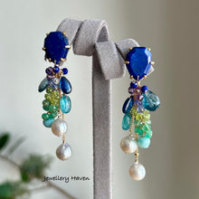 Load image into Gallery viewer, Lapis lazuli, akoya pearls, kyanite, emeralds earrings