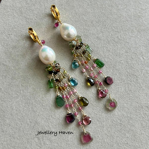 Edison pearl and tourmaline tassels earrings