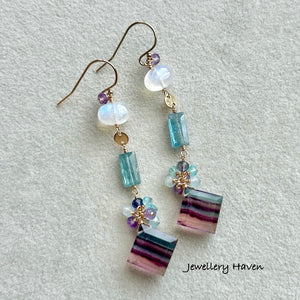 Rainbow fluorite, kyanite and moonstone earrings