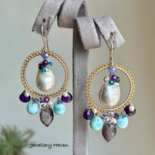 Charger l'image dans la galerie, Edison pearl, pink amethyst, larimar,tanzanite chandelier earrings