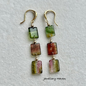 Rare tourmaline triple slice dangle earrings