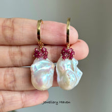 Load image into Gallery viewer, Pinkish iridescence white baroque pearl and ruby earrings
