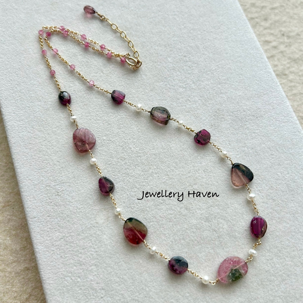 Watermelon tourmaline and pearl necklace