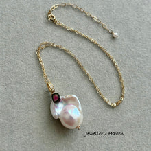 Cargar imagen en el visor de la galería, High lustre rainbow iridescent baroque pearl, watermelon tourmaline necklace